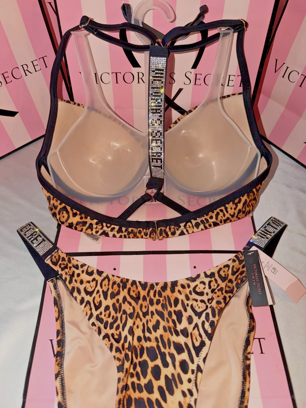 Victorias Secret Swimsuit Shine Strap Fabulous 36C XL Bottoms Cheetah $99